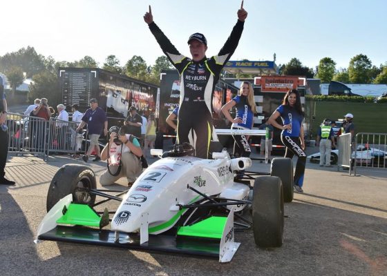 Parker Thompson getting out of his winning USF2000 car 1