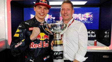 Max Verstappen Celebrating his first F1 win with his dad and his new team