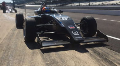 Rinus Vee Kay turns first laps in Benik Carlin at Indianapolis Motor Speedway in caR