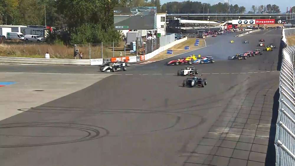 USF2000 Championship 2018. Race 2 Grand Prix of Portland. Restart Leaders Crash