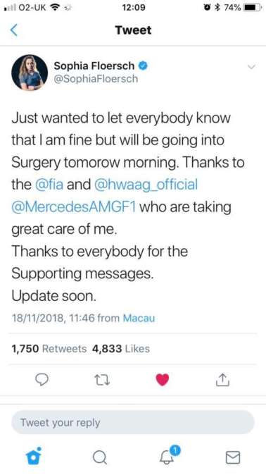 Sophia Flörsch twitter info about her accident in Macau 2018